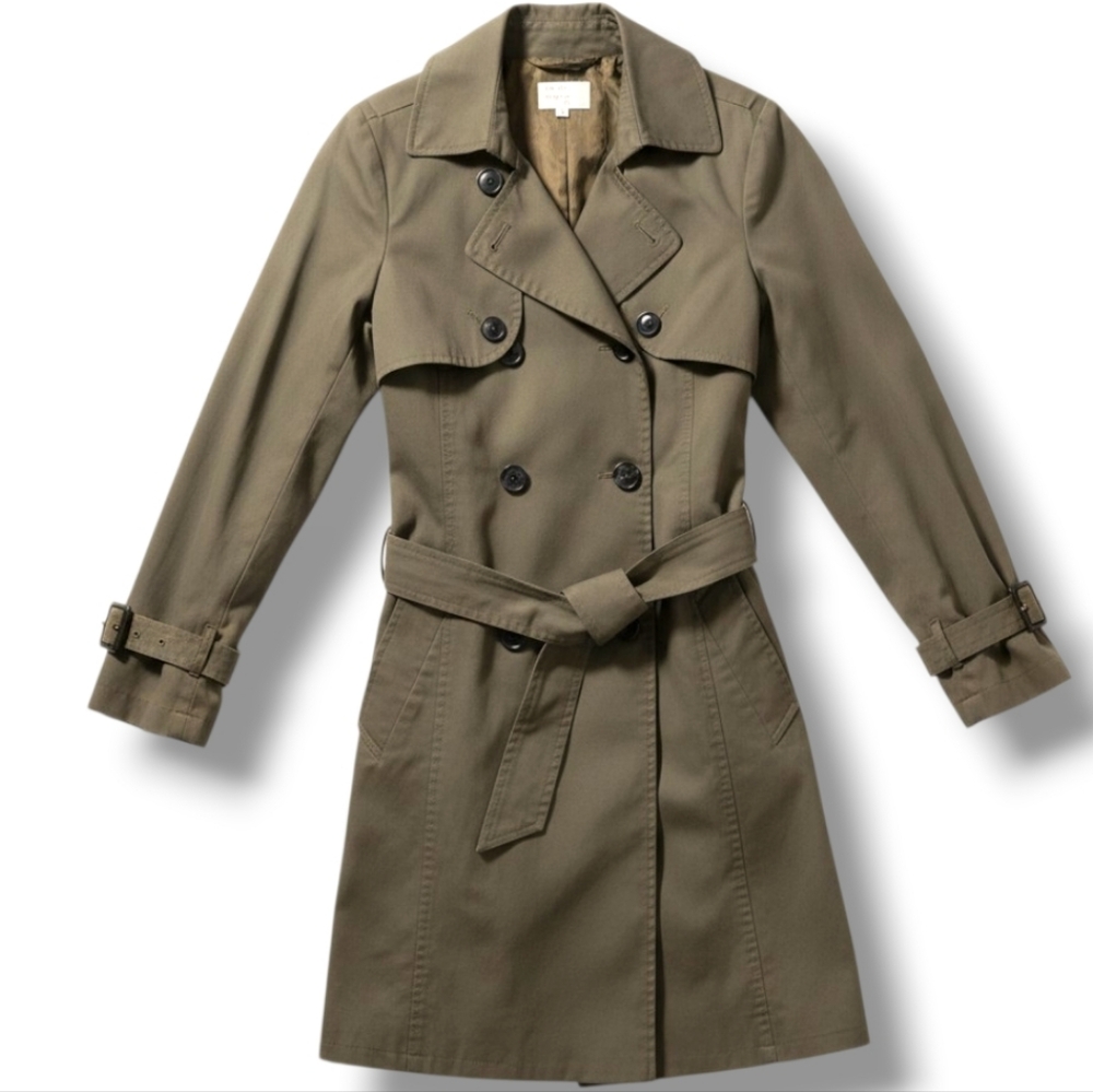 LIKE NEW Takeo Kikuchi Women's Mid-length Olive Trench Coat, Size 1 (Small)
